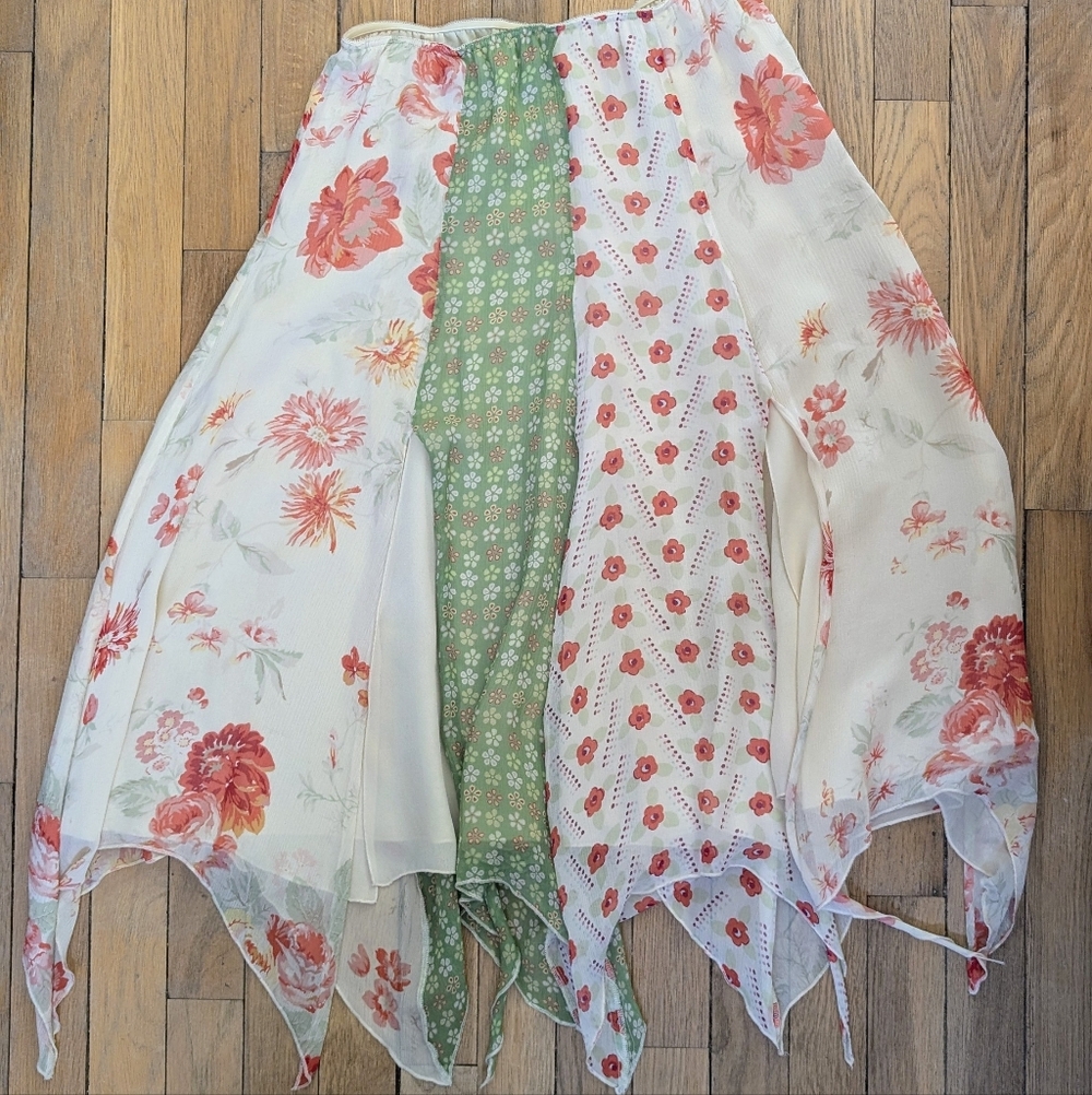 Express 100% Silk Skirt | Floral Patchwork Handkerchief Hem | Size XS | Y2K Boho